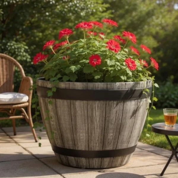 XXL Rustic Wood Effect Barrel Planter - Image 2