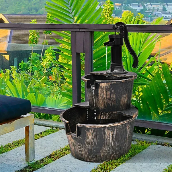 Outdoor Rustic 2-Tiered Barrel and Pump Water Fountain