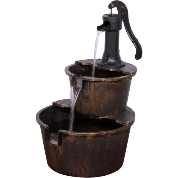 Outdoor Rustic 2-Tiered Barrel and Pump Water Fountain - Image 2
