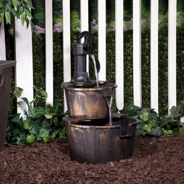 Outdoor Rustic 2-Tiered Barrel and Pump Water Fountain - Image 3